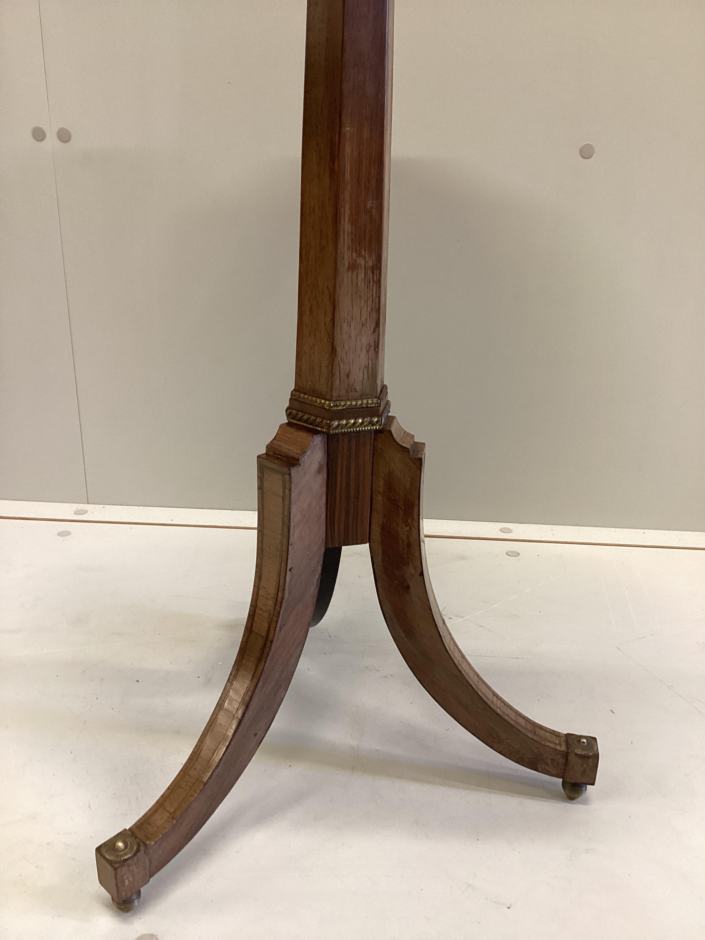 A Regency design brass inlaid rosewood tripod wine table, width 42cm, height 70cm